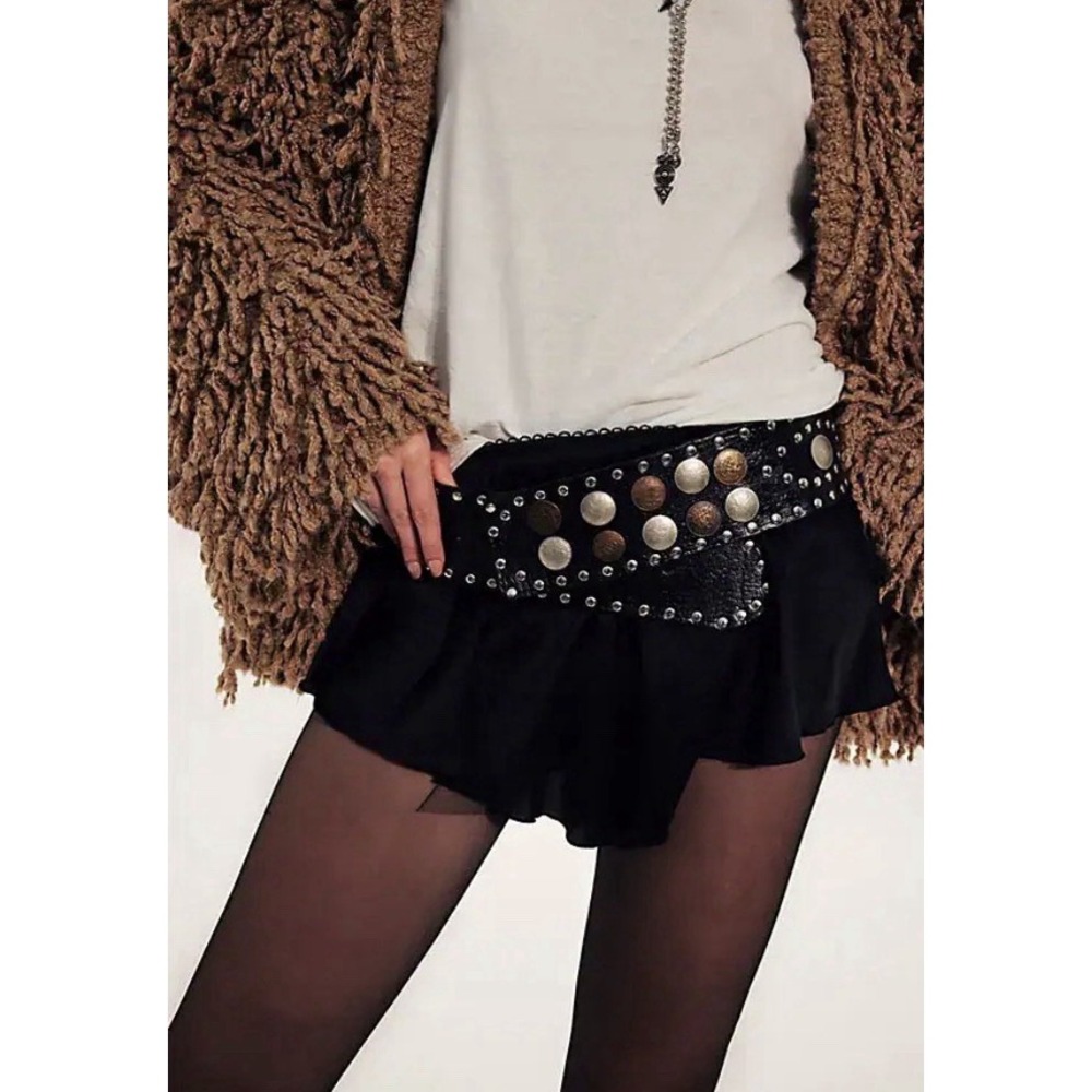 Free People Z & L Black Leather Coin Studded Hip Belt NWT Western Festival Y2K